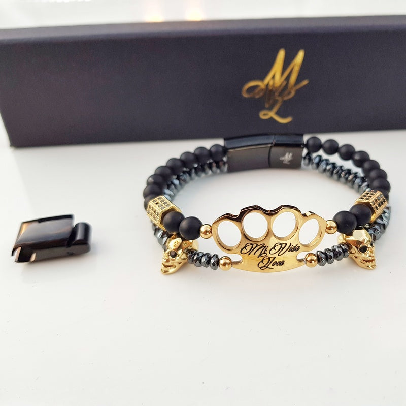 Bracciale MVL "Polygonal skulls" nero/oro